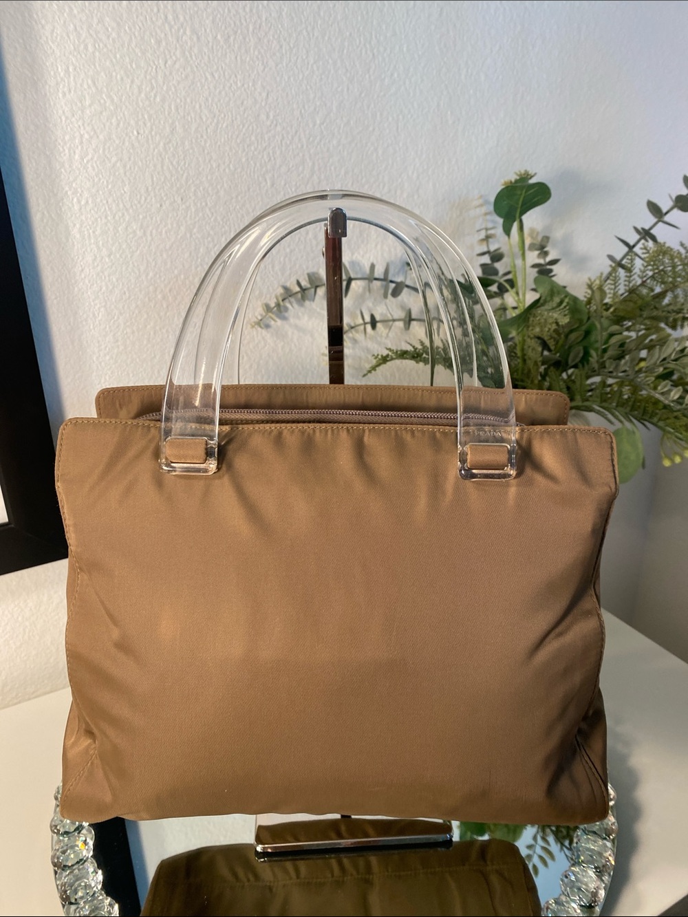 Vintage PRADA Tessuto Nylon Taupe Tote With Lucite Handles